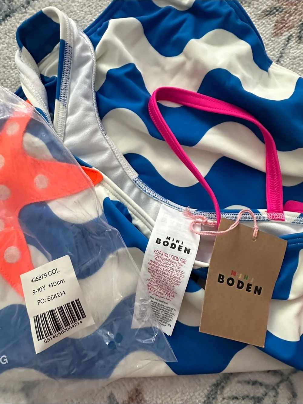 BODEN | Girls' 9-10Y Blue & White Wave One-Piece Swimsuit with Starfish